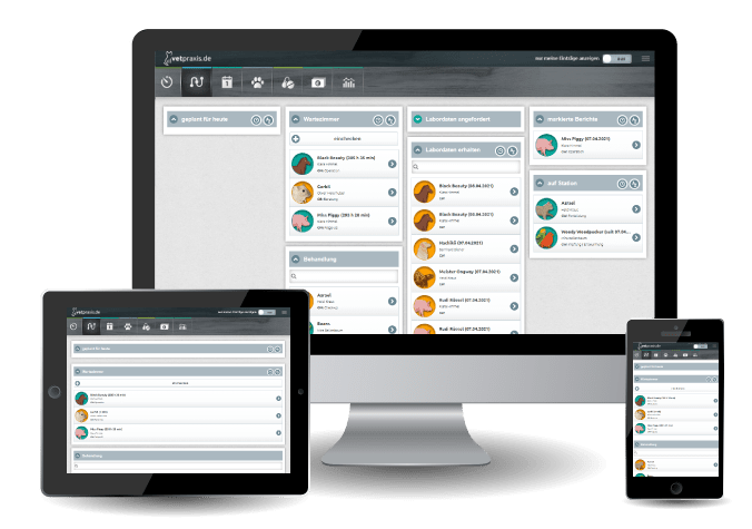 Screenshot der vetpraxis.de Tierarzt-Software auf Desktop, Tablet und Smartphone
