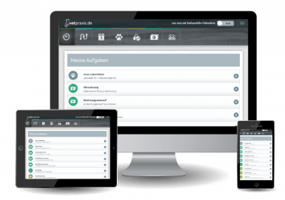 Ansicht der vetpraxis.de Tierarzt-Software auf Desktop, Tablet und Mobilfunkgerät